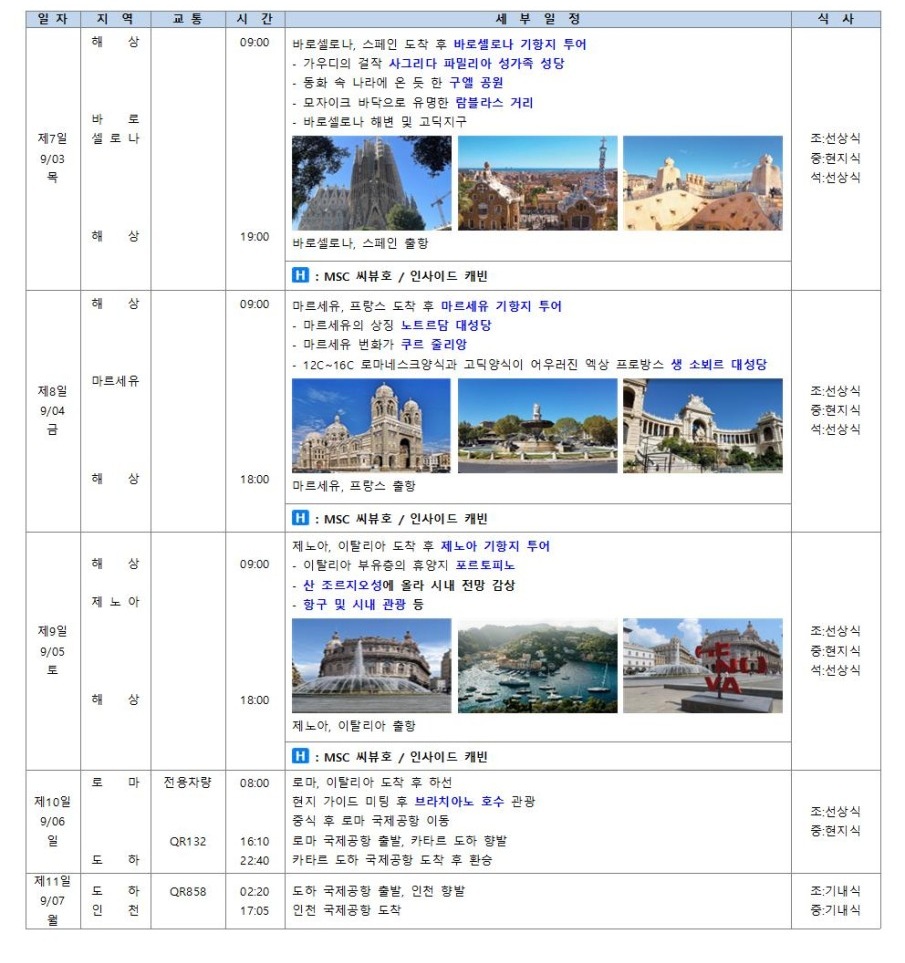 서부지중해 크루즈 로마 팔레르모 이비자 바르셀로나 마르세유 제노아