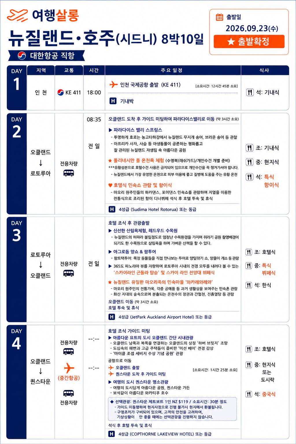 호주 뉴질랜드 남북섬 8박 10일 출발확정