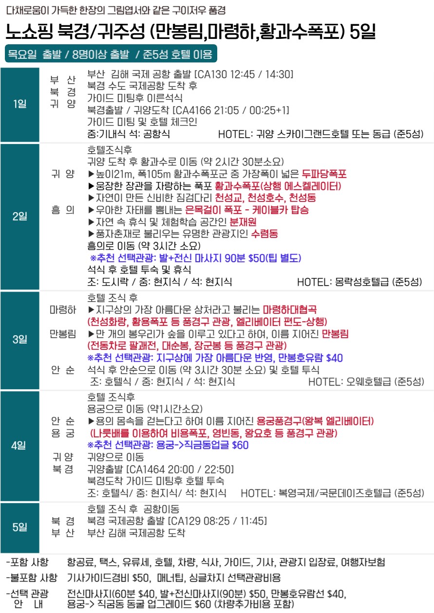 귀주성#북경경유#노쇼핑#만봉림#용굴#마령하대협곡#황수폭포#구이저우