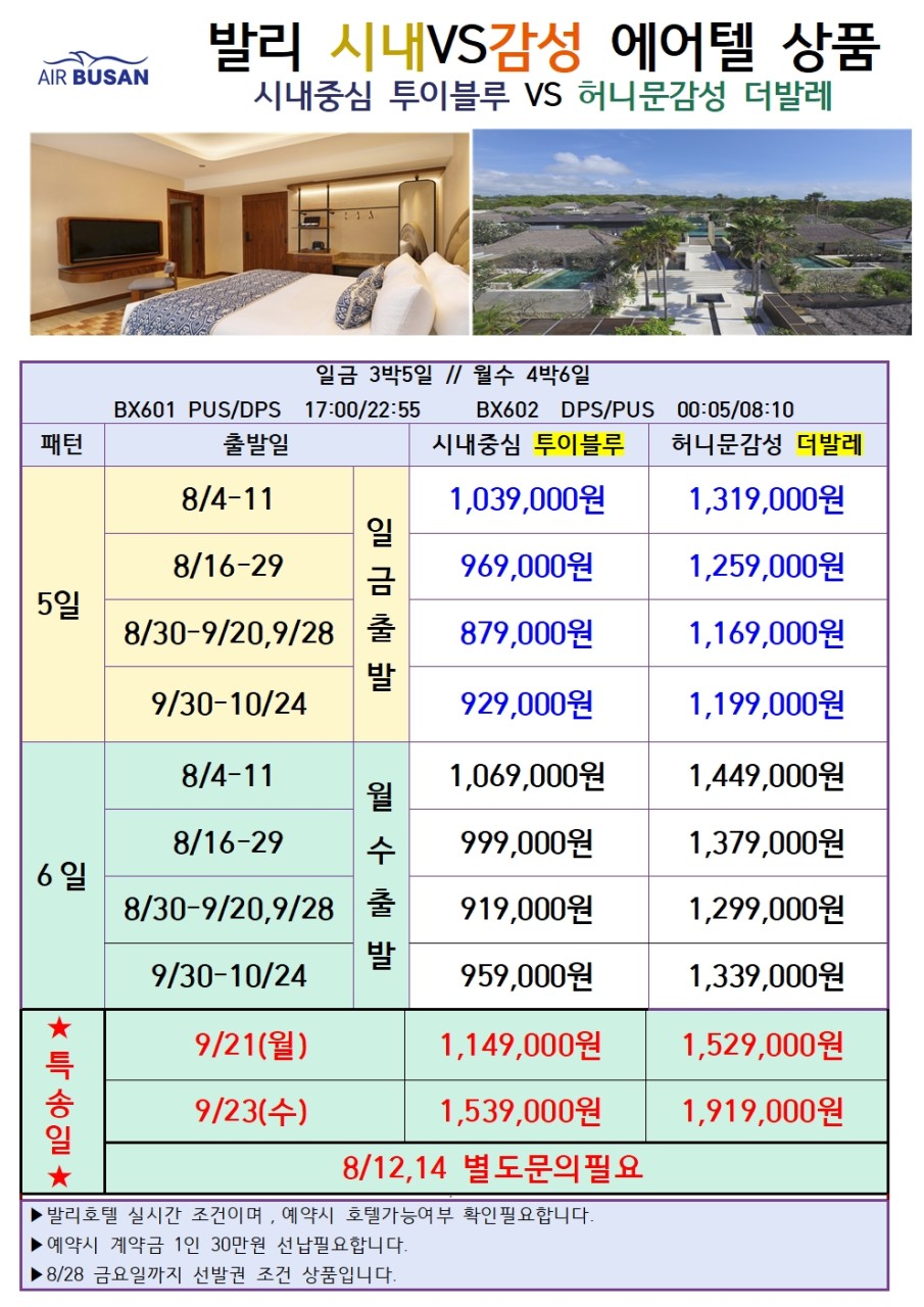 발리 에어텔 시내중심 투이블루 vs 허니문감성 더발레