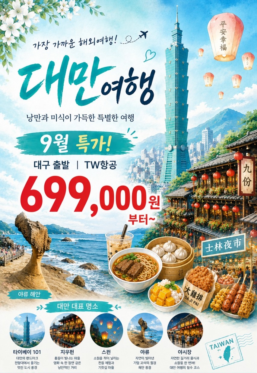 대만 특가모음 타이페이 단수이 지우펀 스펀 야류