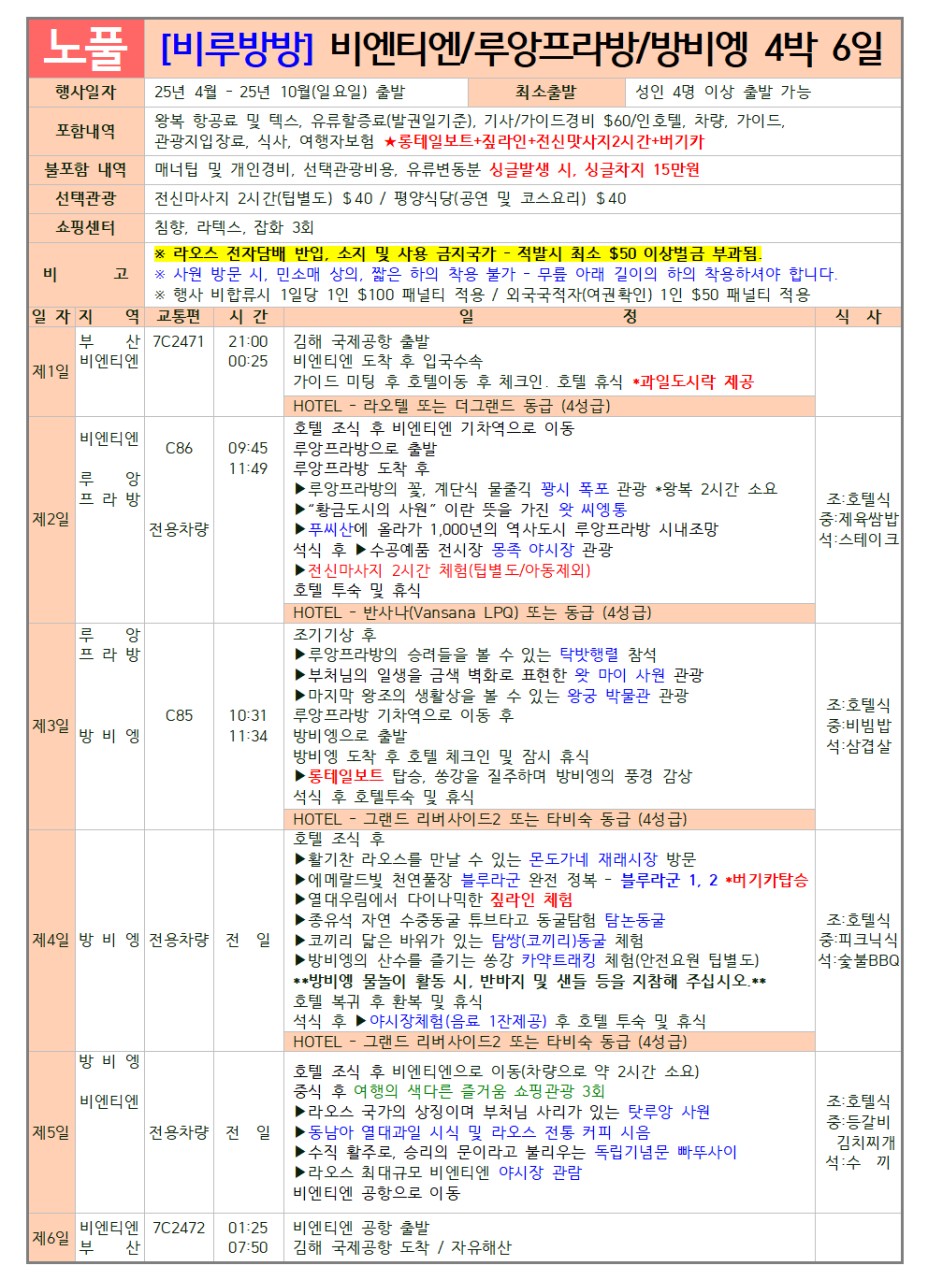 라오스 비엔티엔 루앙프라방 방비엥 실속vs노팁풀옵션