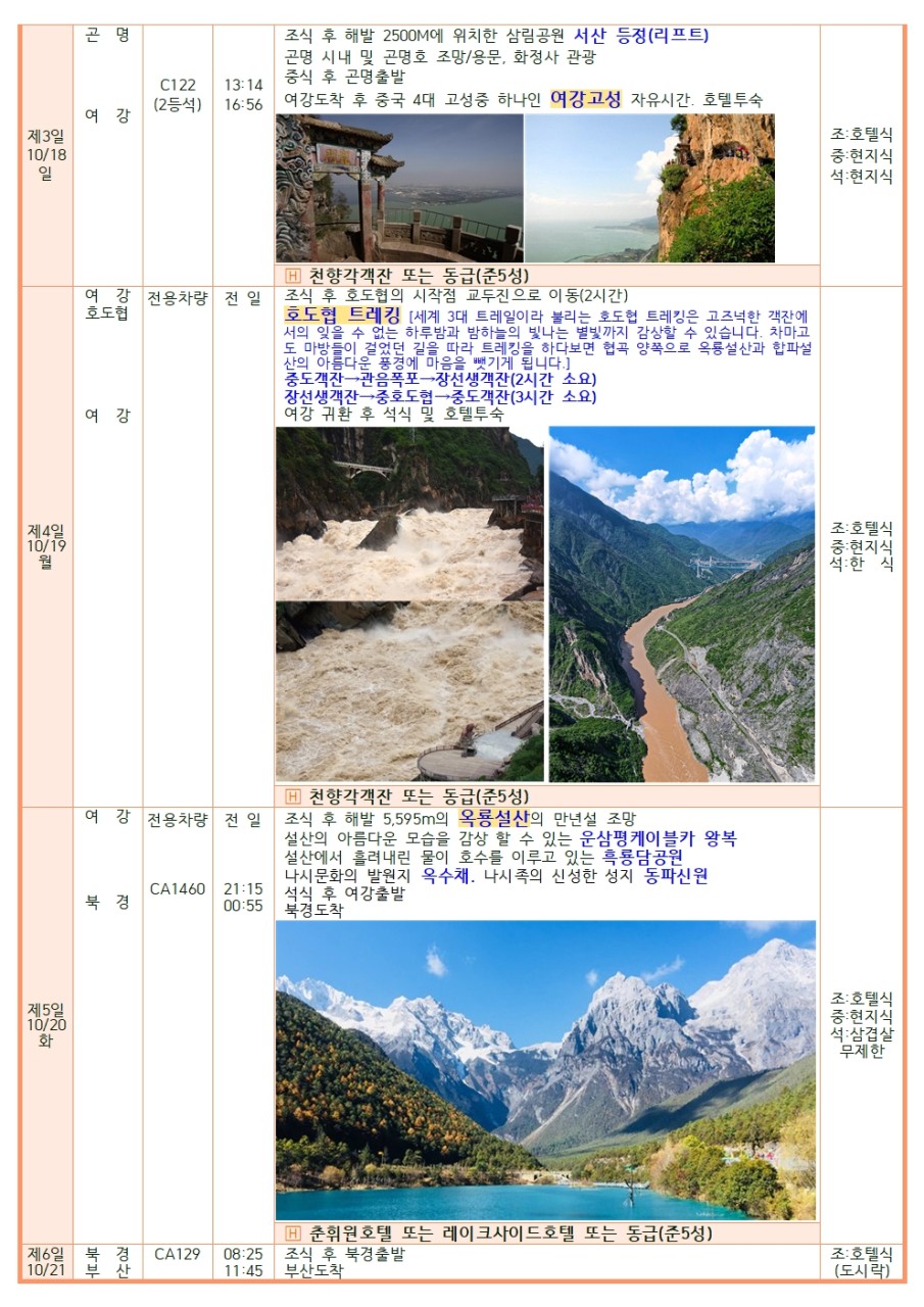 운남성 곤명 석림 여강 호도협 옥룡설산