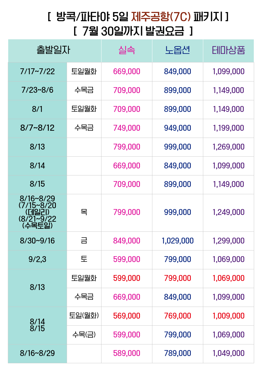 방콕 파타야 선발권특가 실속vs노옵션vs테마상품