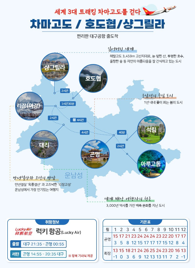 곤명직항 운남성 노팁노옵션 리장 여강 호도협 차마고도 옥룡설산 석림 옥주동굴