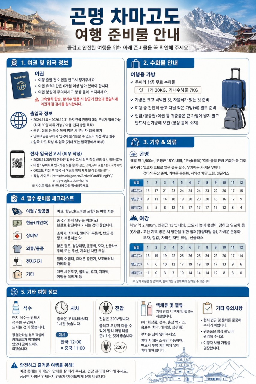 곤명직항 운남성 노팁노옵션 리장 여강 호도협 차마고도 옥룡설산 석림 옥주동굴