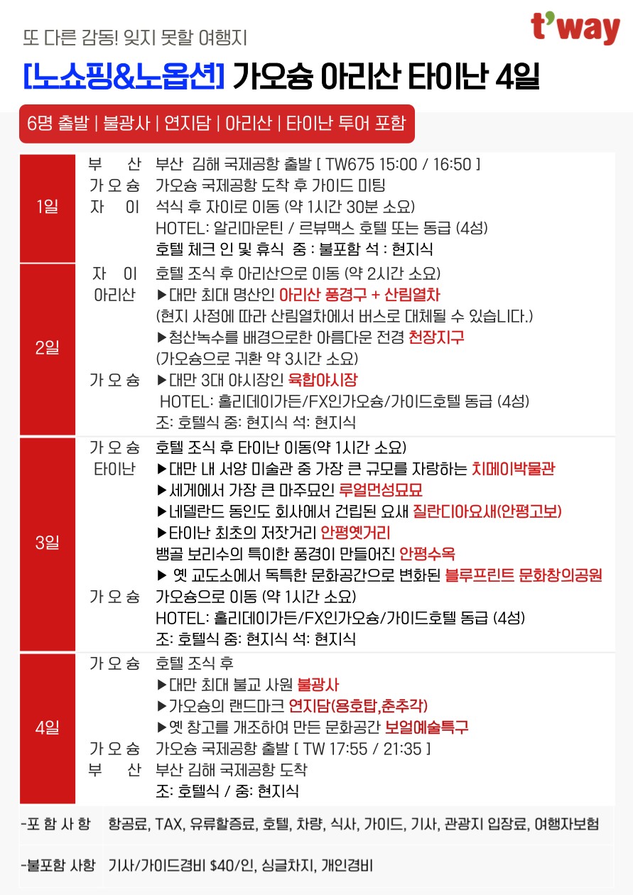 가오슝 아리산 타이난 노쇼핑 노옵션