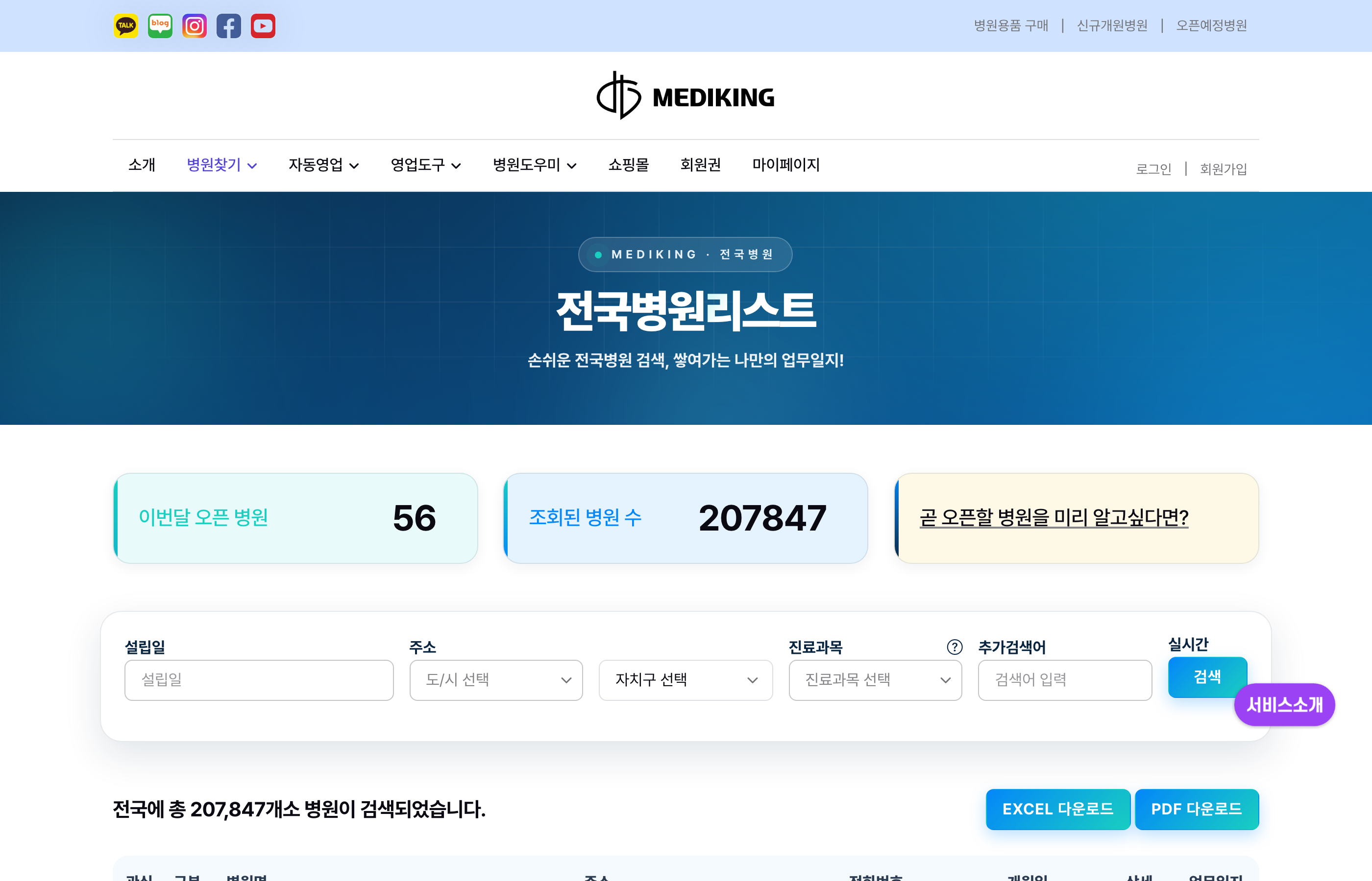 메디킹 전국병원리스트 화면