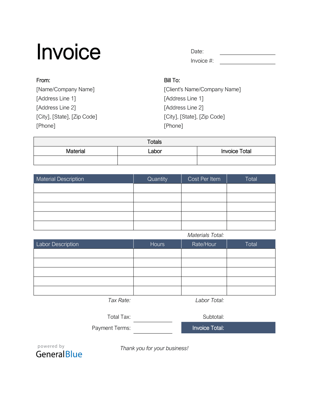 An example of a labor and materials printable invoice template