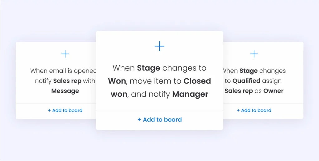 You can save valuable time and keep customers updated by automating repetitive tasks, like automatically assigning leads to sales reps, getting notified when a customer opens an email survey, setting reminders for follow-up activities, and sending follow-ups based on elapsed time.