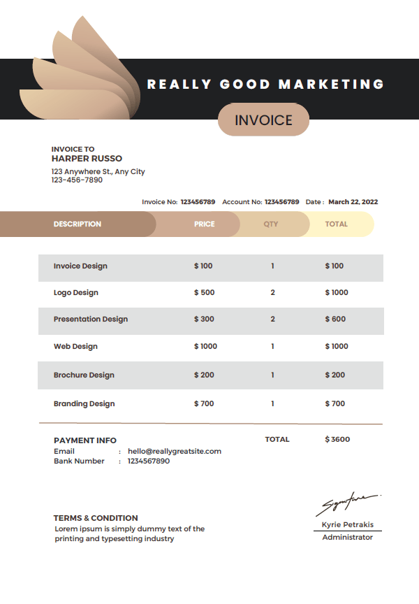 An example of a marketing services printable invoice template