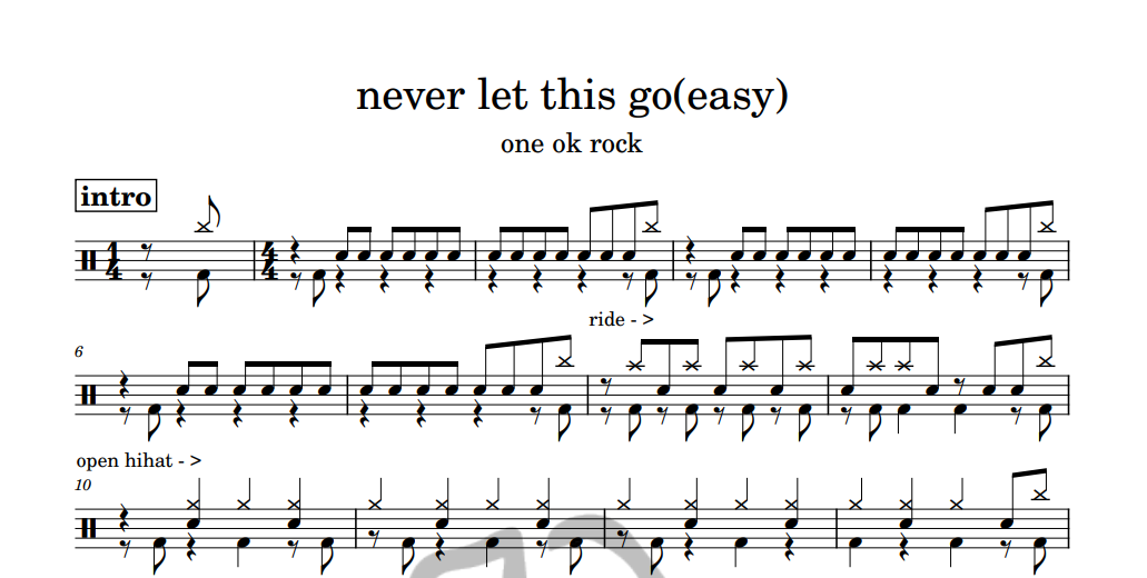 [은규네스튜디오] 드럼악보 one ok rock - never let this go(easy)