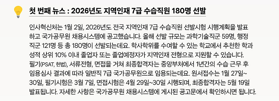첫 번째 뉴스 : 2026년도 지역인재 7급 수습직원 180명 선발(상세내용은 하단 참조)