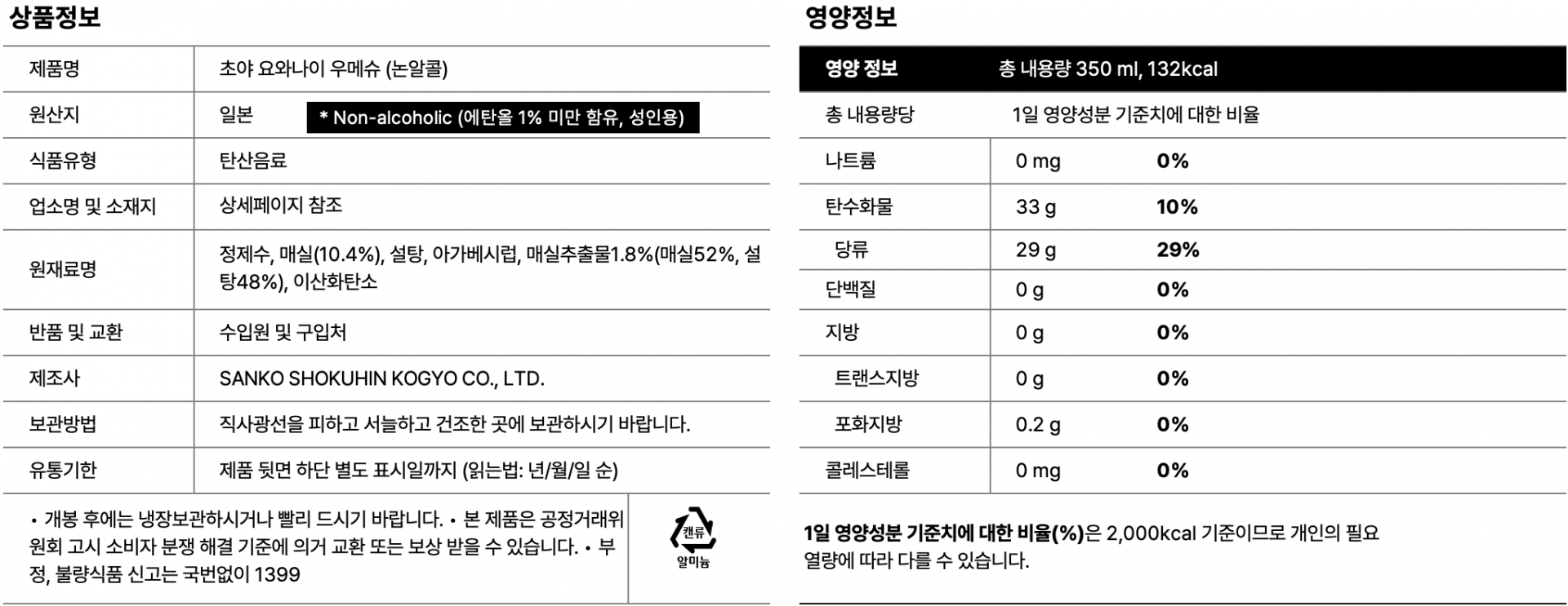 상품정보 및 영양정보