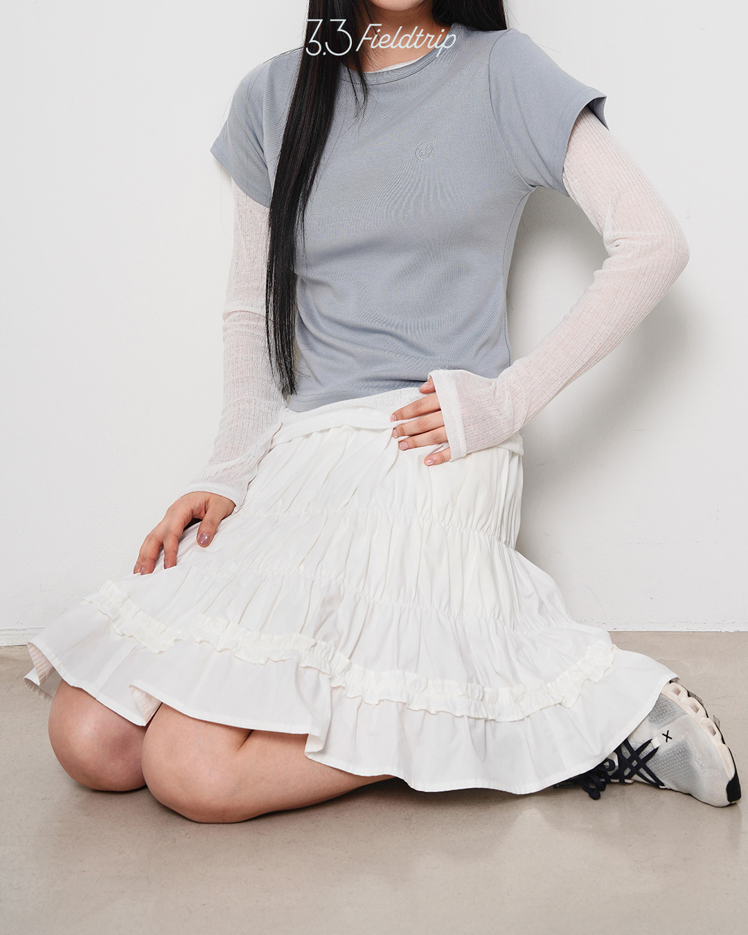 SHIRRED RUFFLE MIDI SKIRT
