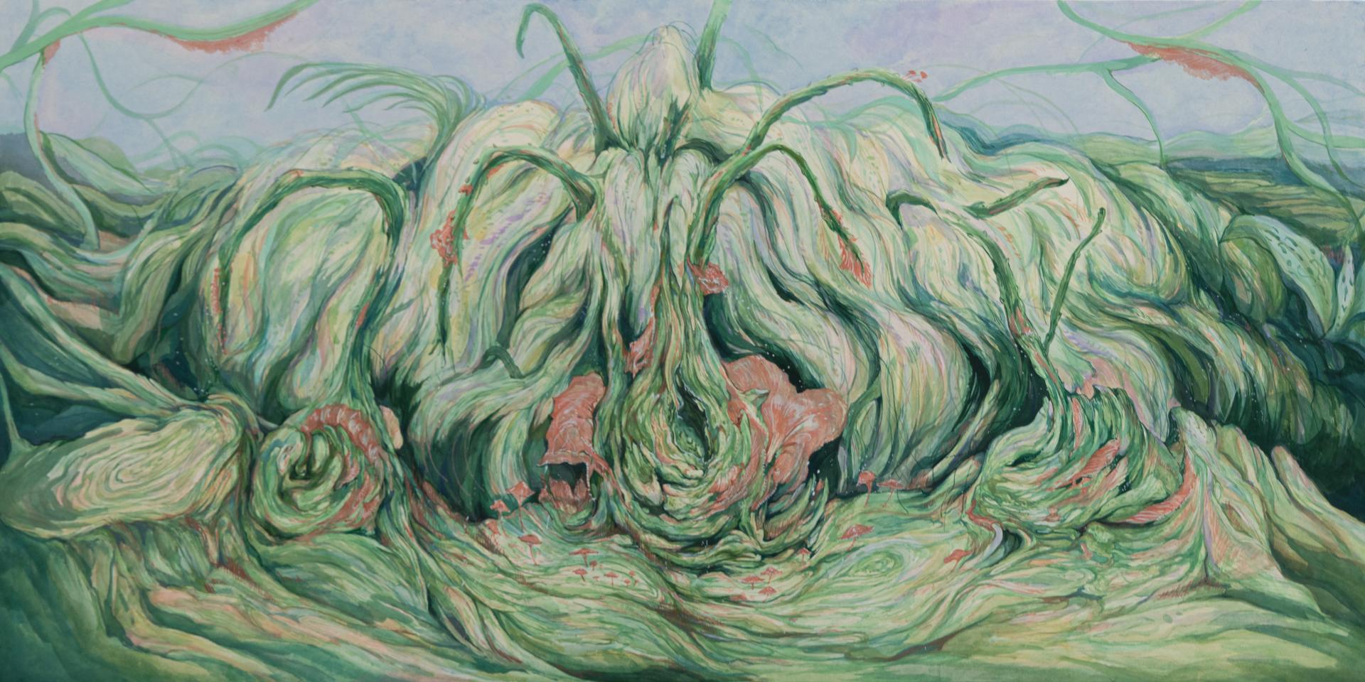 이펄 <얽히며 새로 자라나는> 장지에 과슈, 잉크, 분채, 63.5x130(cm), 2026