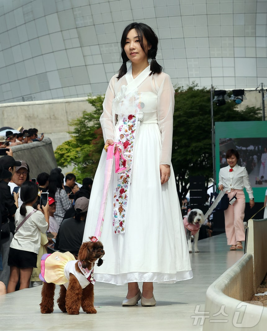 14일 서울 중구 동대문디자인플라자(DDP)에서 열린 반려견과 함께하는 제로웨이스트 패션쇼 '댕댕 런웨이’에 참가한 모델들과 반려견들이 무대 위로 워킹하고 있다. 2025.9.14/뉴스1 ⓒ News1 김진환 기자