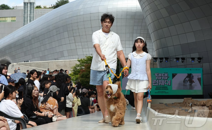 14일 서울 중구 동대문디자인플라자(DDP)에서 열린 반려견과 함께하는 제로웨이스트 패션쇼 '댕댕 런웨이’에 참가한 모델들과 반려견들이 무대 위로 워킹하고 있다. 2025.9.14/뉴스1 ⓒ News1 김진환 기자
