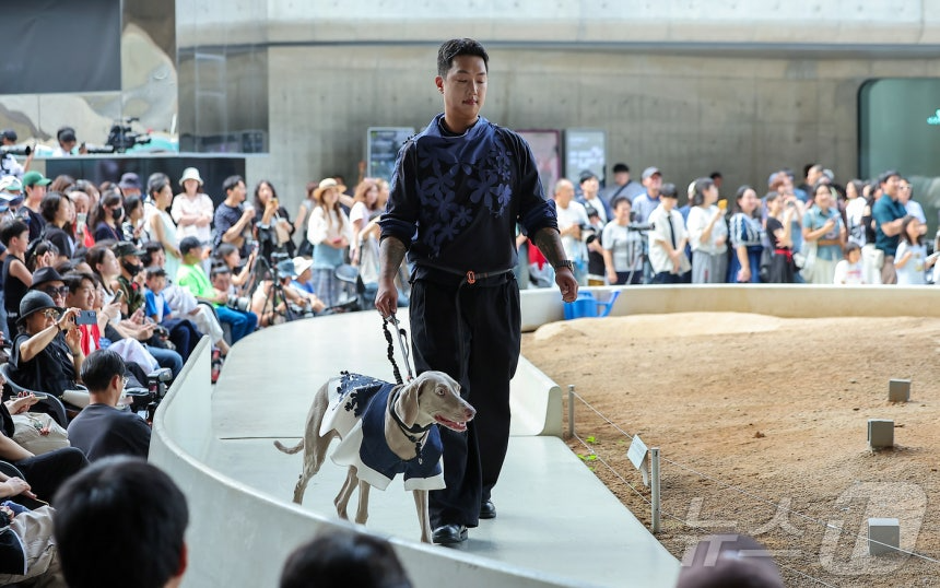 14일 서울 중구 동대문디자인플라자(DDP)에서 열린 반려견과 함께하는 제로웨이스트 패션쇼 '댕댕 런웨이’에 참가한 모델들과 반려견들이 무대 위로 워킹하고 있다. 2025.9.14/뉴스1 ⓒ News1 김진환 기자