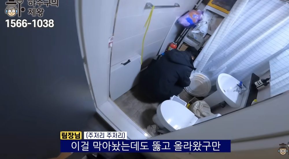 물을 사용하지 않아도 화장실 바닥이 젖어 있는 역류 증상 현장 모습