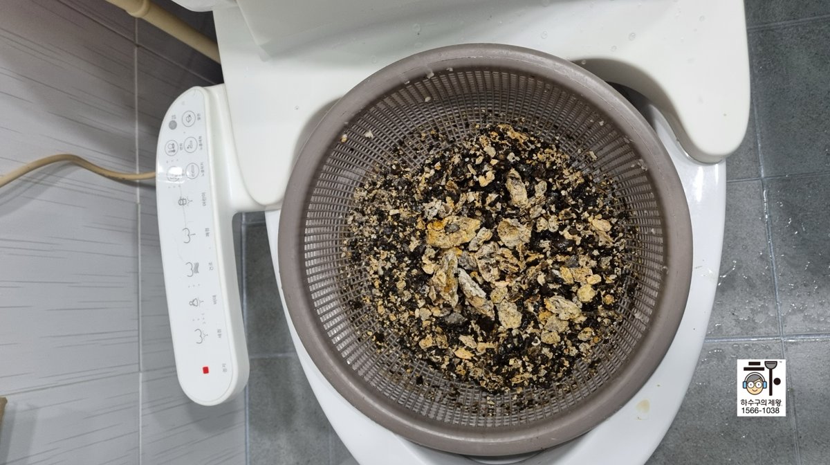 하수구 내부에서 제거된 기름찌꺼기와 음식물 슬러지로, 청소 후 배관이 정상적으로 복원되었습니다.