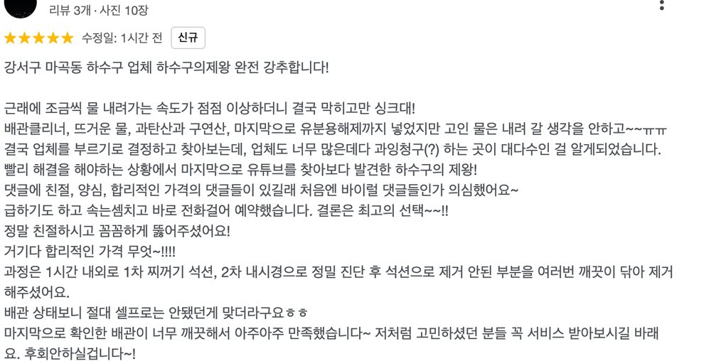 하수구의제왕 식당 하수구 작업 후 고객이 석션과 내시경 점검 과정에 만족했다는 구글 리뷰 캡처