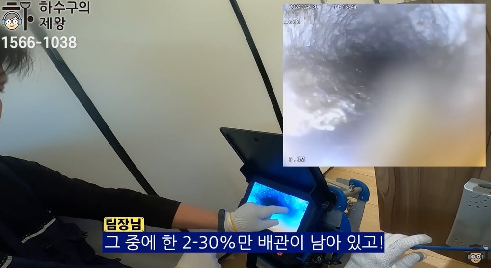 내시경 장비로 배관 내부 5.3m 지점의 막힘 상태를 확인하는 과정