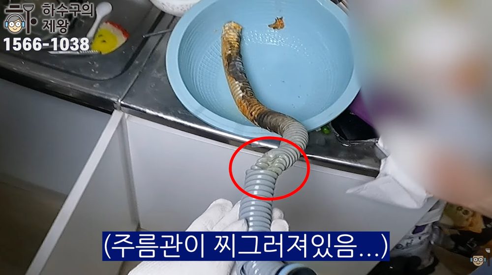 광진구 구의동 빌라 싱크대 배수 주름관이 눌려 찌그러진 상태로, 물이 제대로 내려가지 못한 구조적 원인을 보여주는 이미지