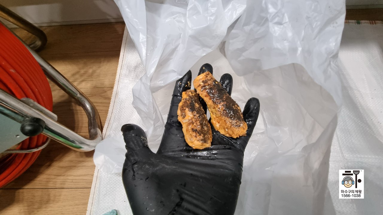 기흥구 동백지구 싱크대 배관에서 제거된 기름 덩어리 이물질 사진