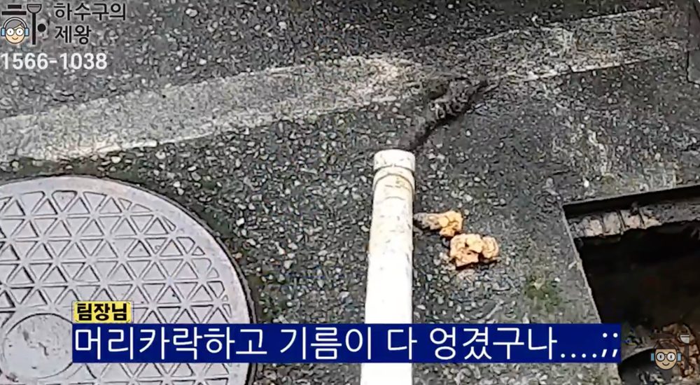광진구 화양동 빌라 하수구 배관 내부에 머리카락과 기름 이물질이 엉겨 있는 내시경 확인 장면