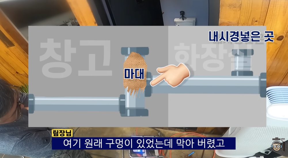 상가 하수구 내부에서 막힌 위치와 원인을 설명하는 장면
