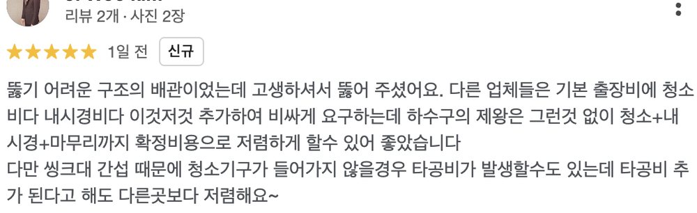 하수구 작업 후 고객이 배관 구조 설명과 내시경 작업에 대해 작성한 구글 리뷰 캡처 이미지