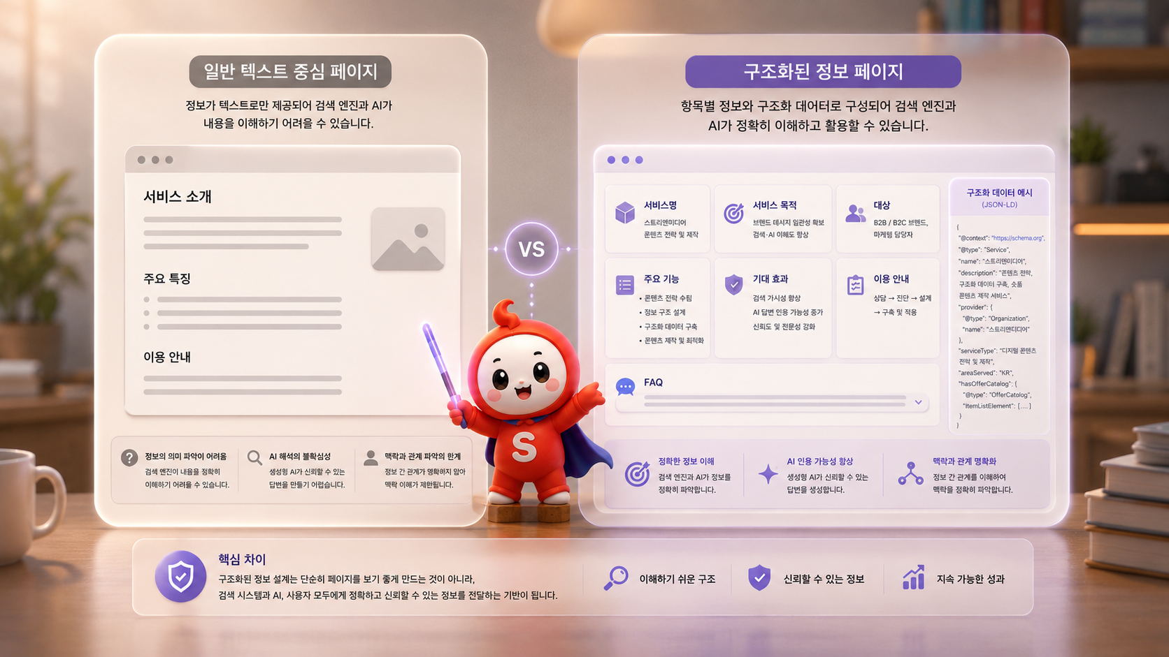 일반 텍스트 중심 페이지와 항목별 정보가 구조화된 페이지의 구성 차이를 비교한 인포그래픽