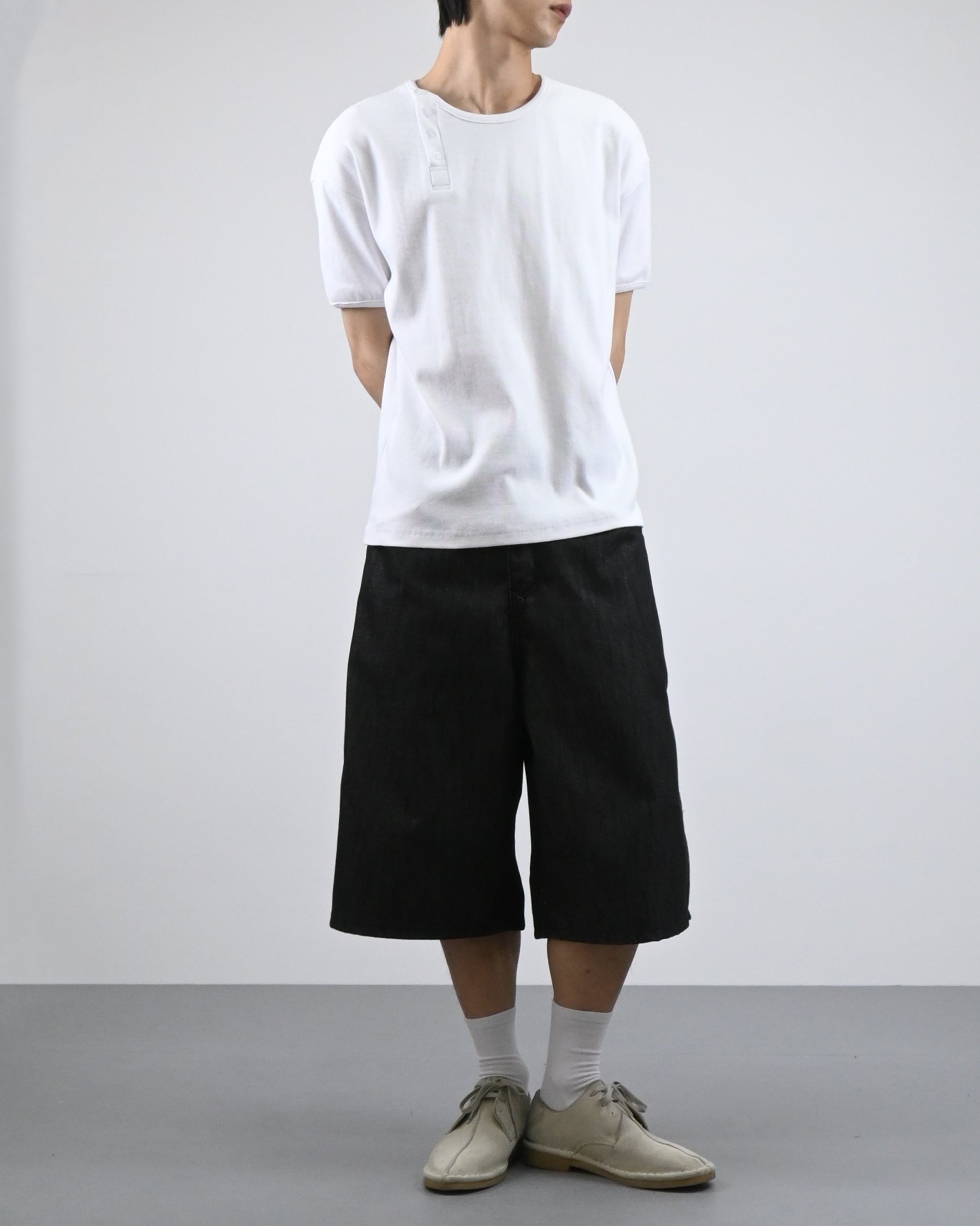 check pocket raw bermuda denim pants