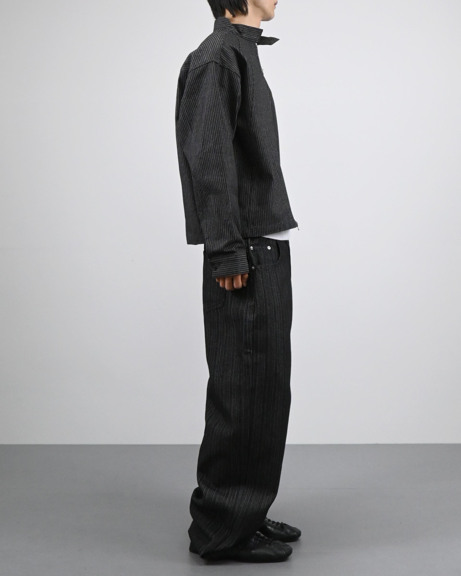 striped china neck denim jacket