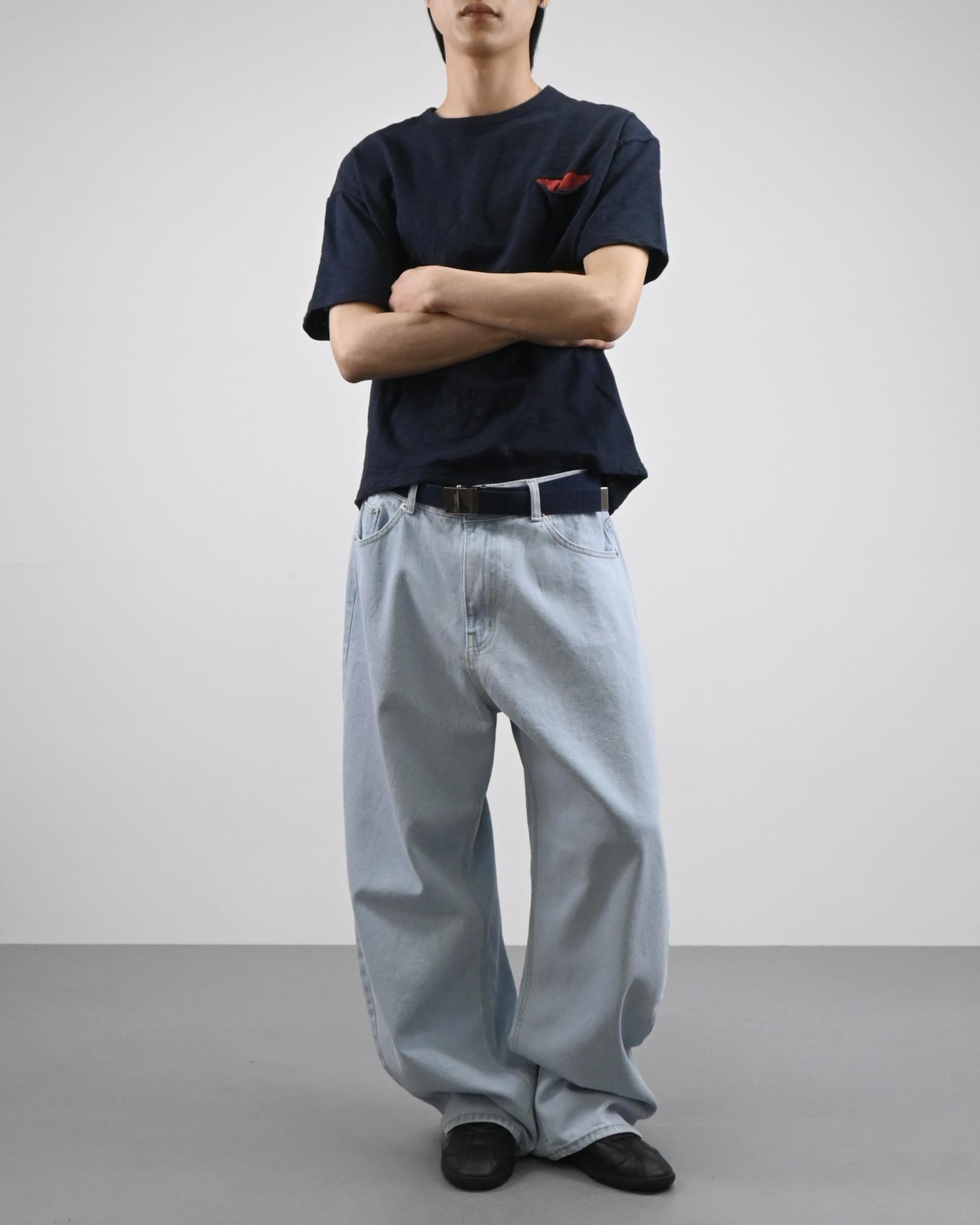 cream blue curved denim pants