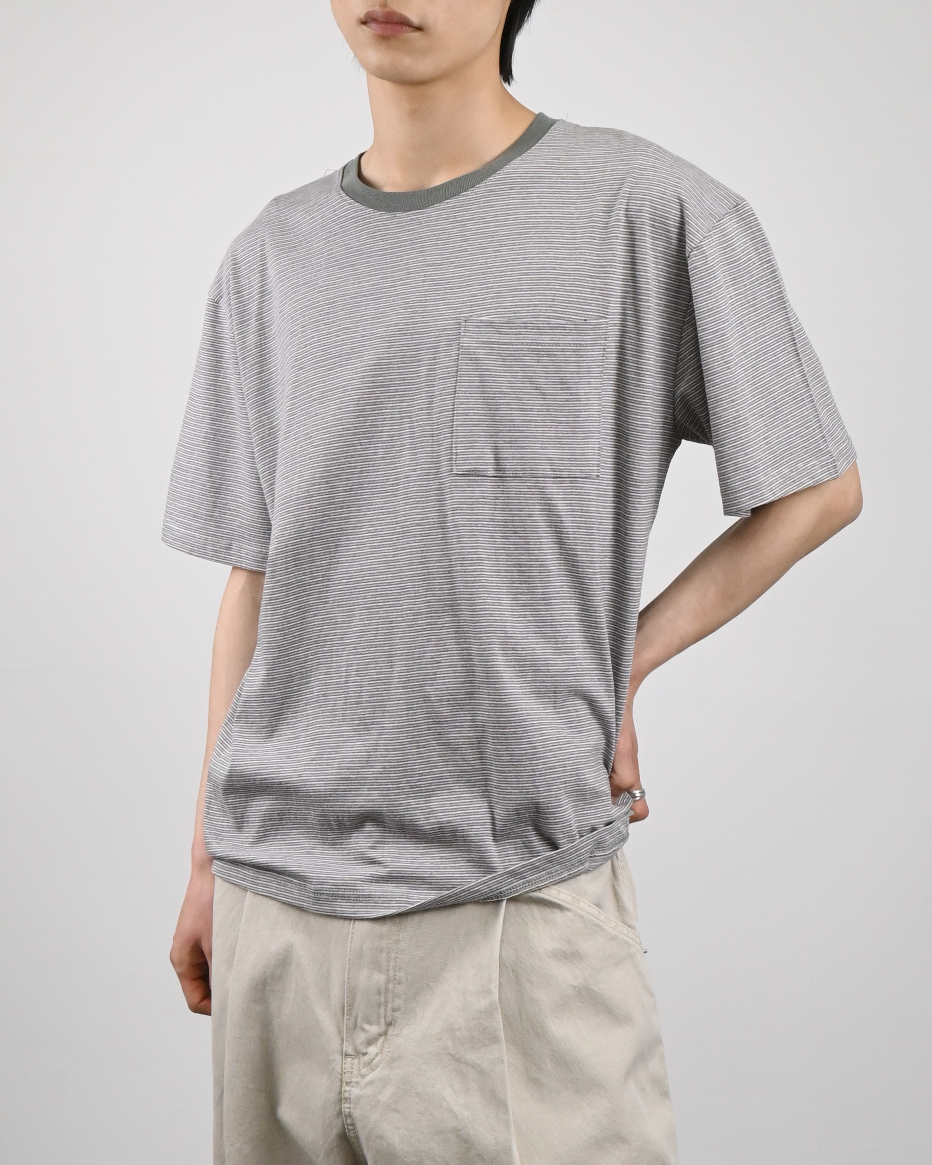 ringer stripe pocket half-t-shirt