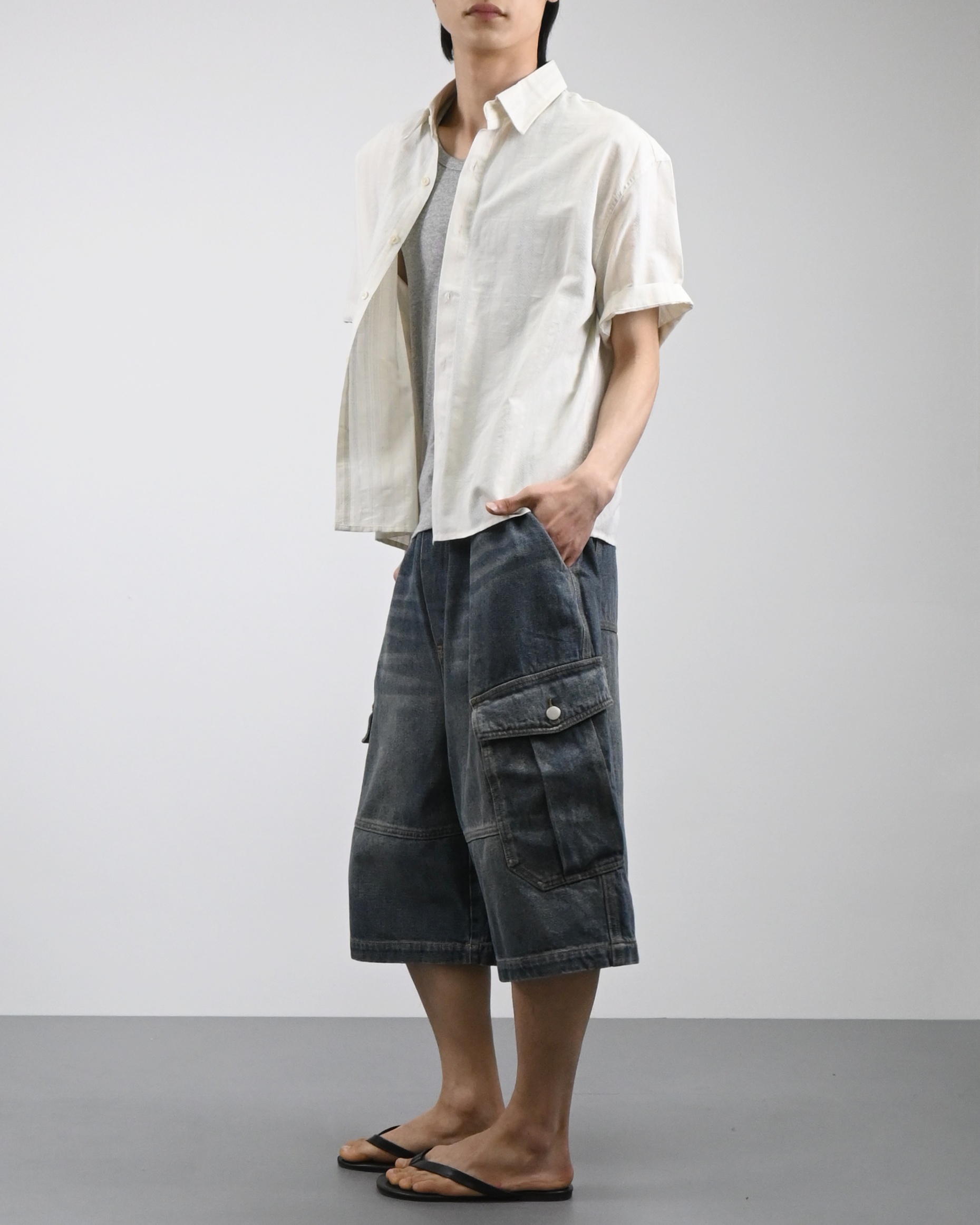 vintage washing cargo bermuda denim pants