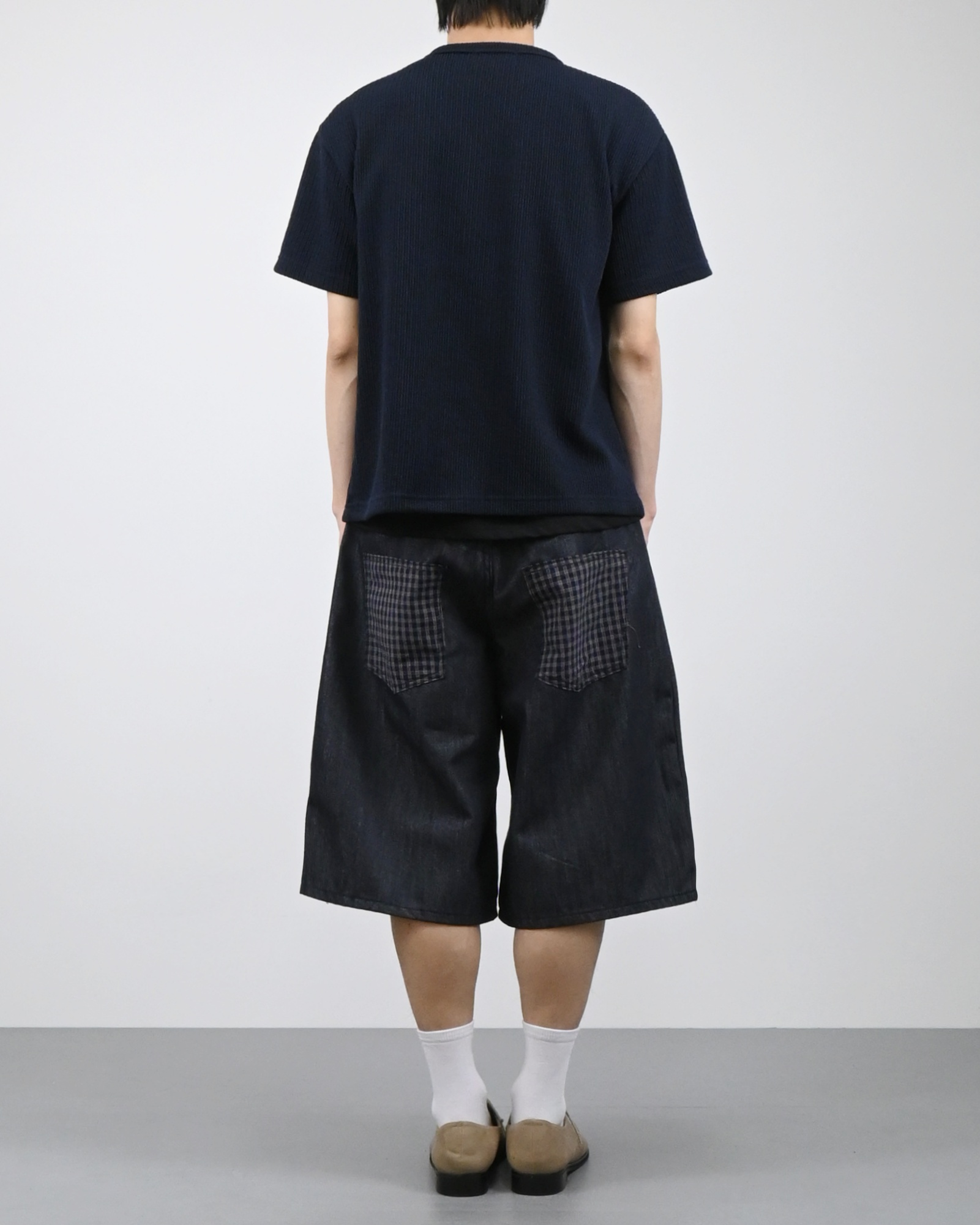check pocket raw bermuda denim pants