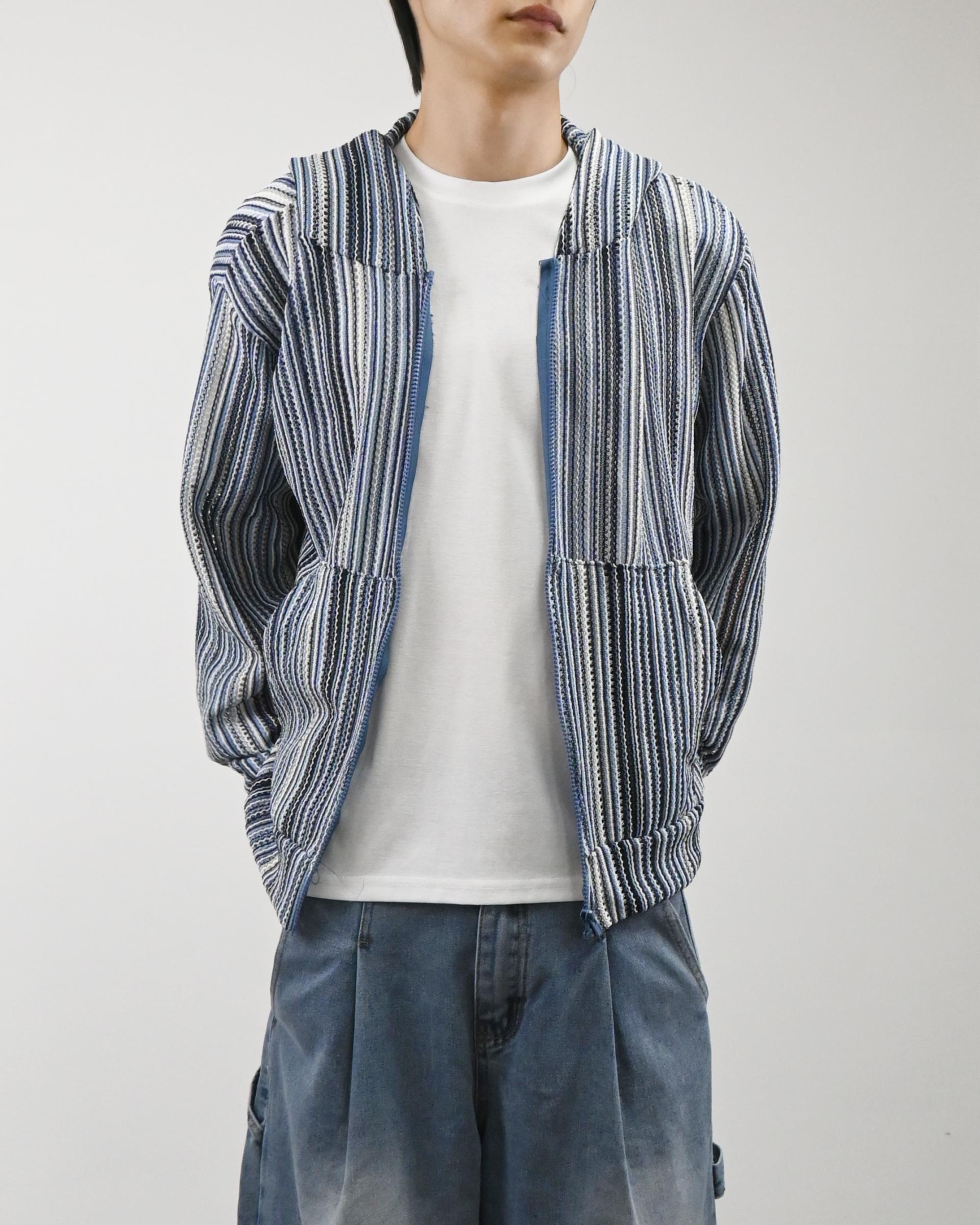 stripe punching hood zip-up