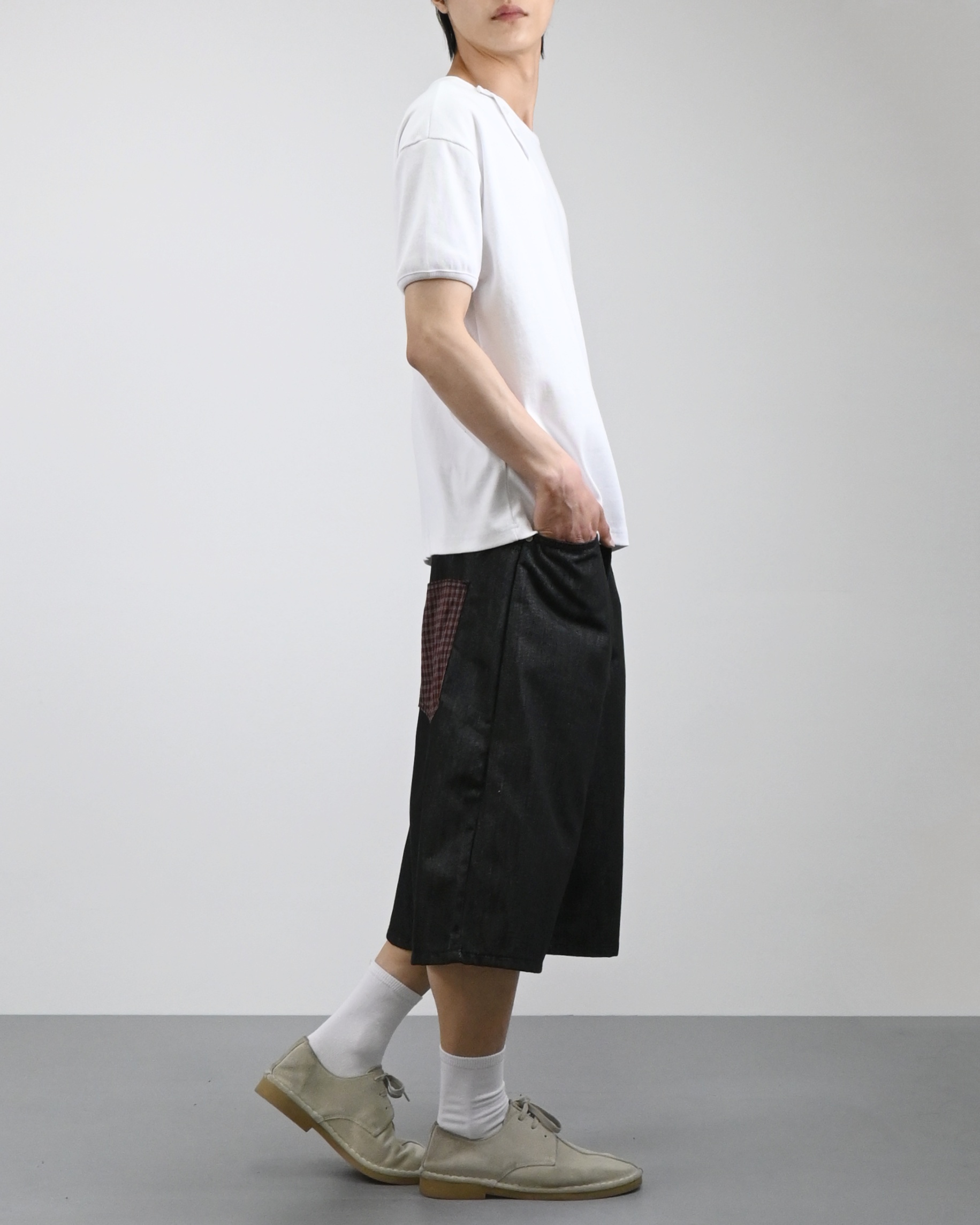 check pocket raw bermuda denim pants