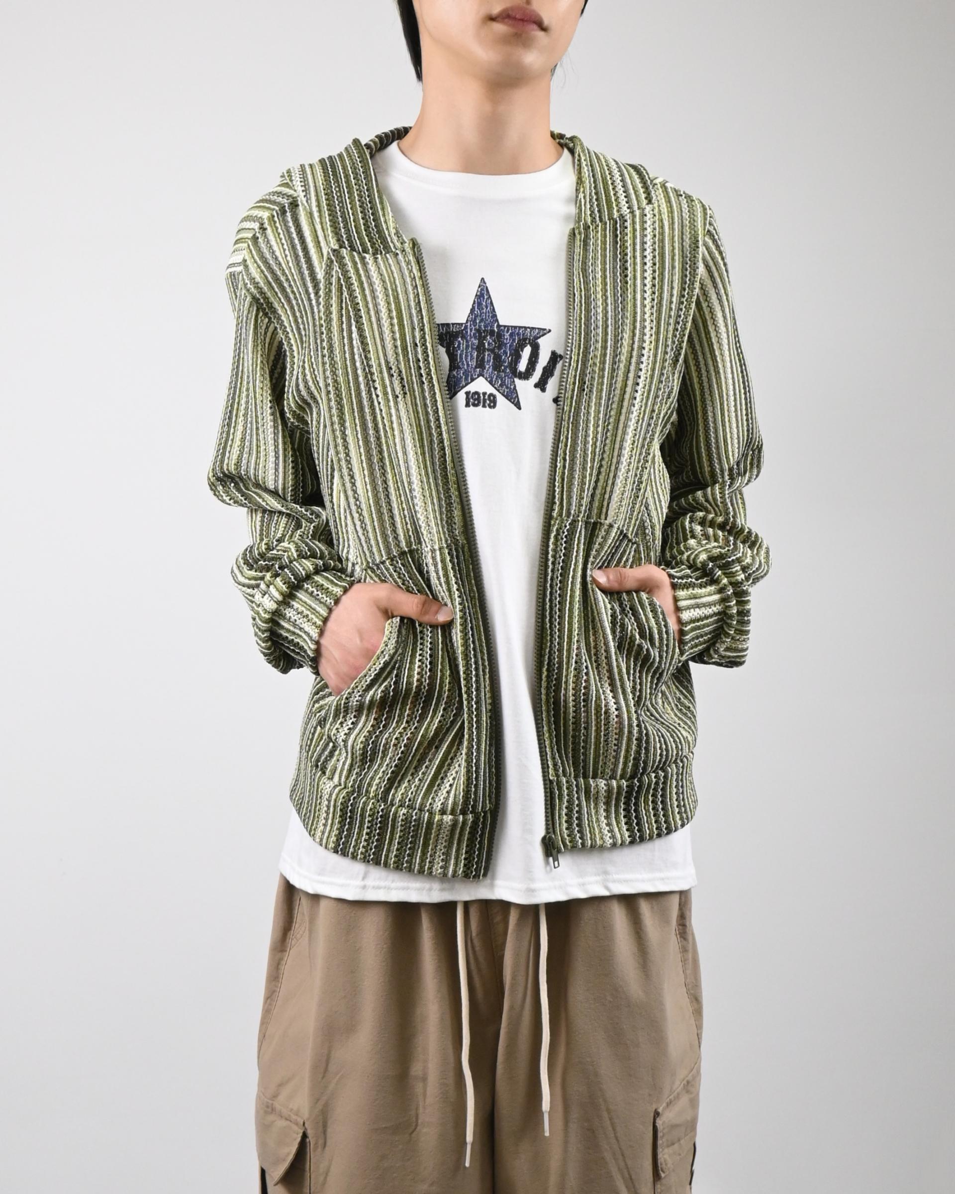 stripe punching hood zip-up