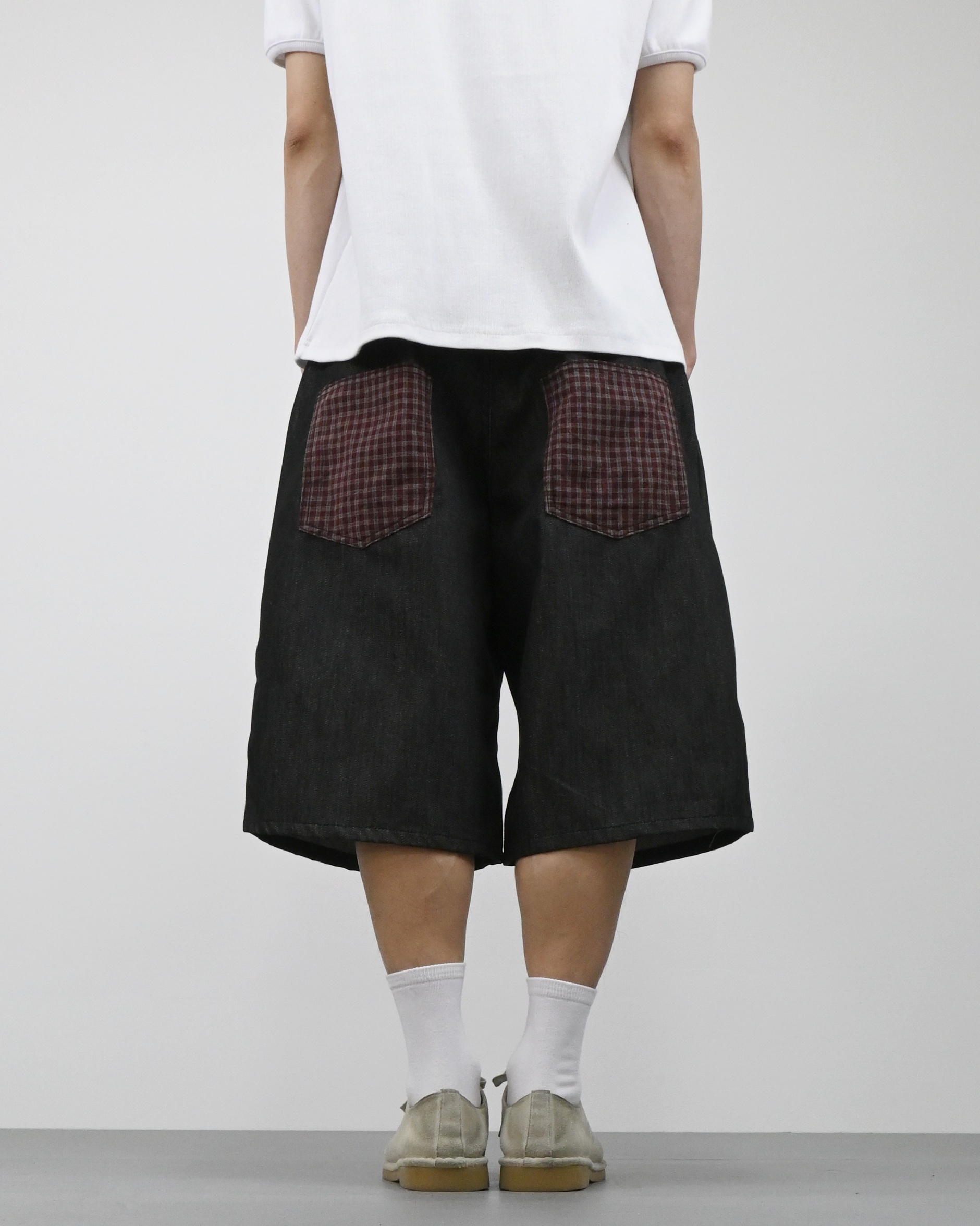 check pocket raw bermuda denim pants