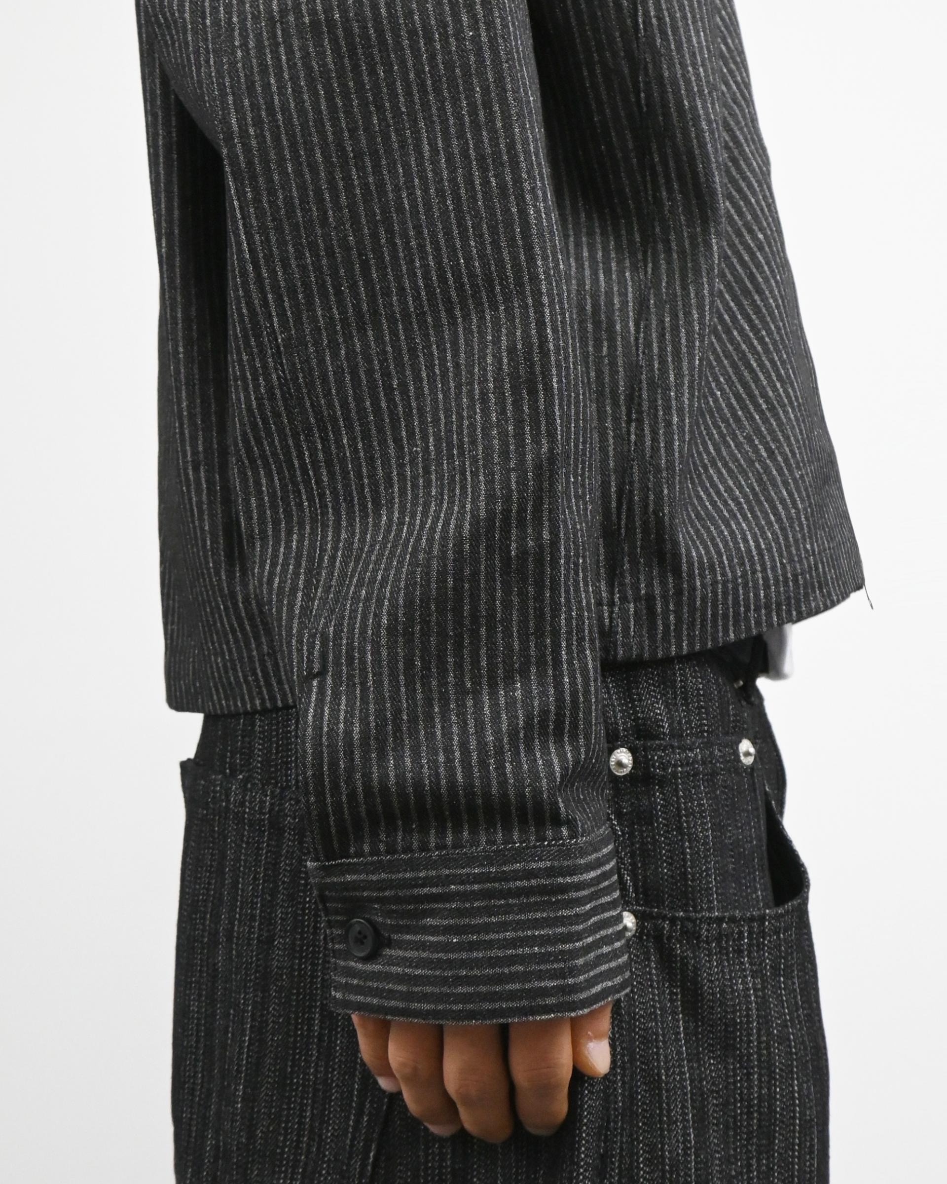 striped china neck denim jacket