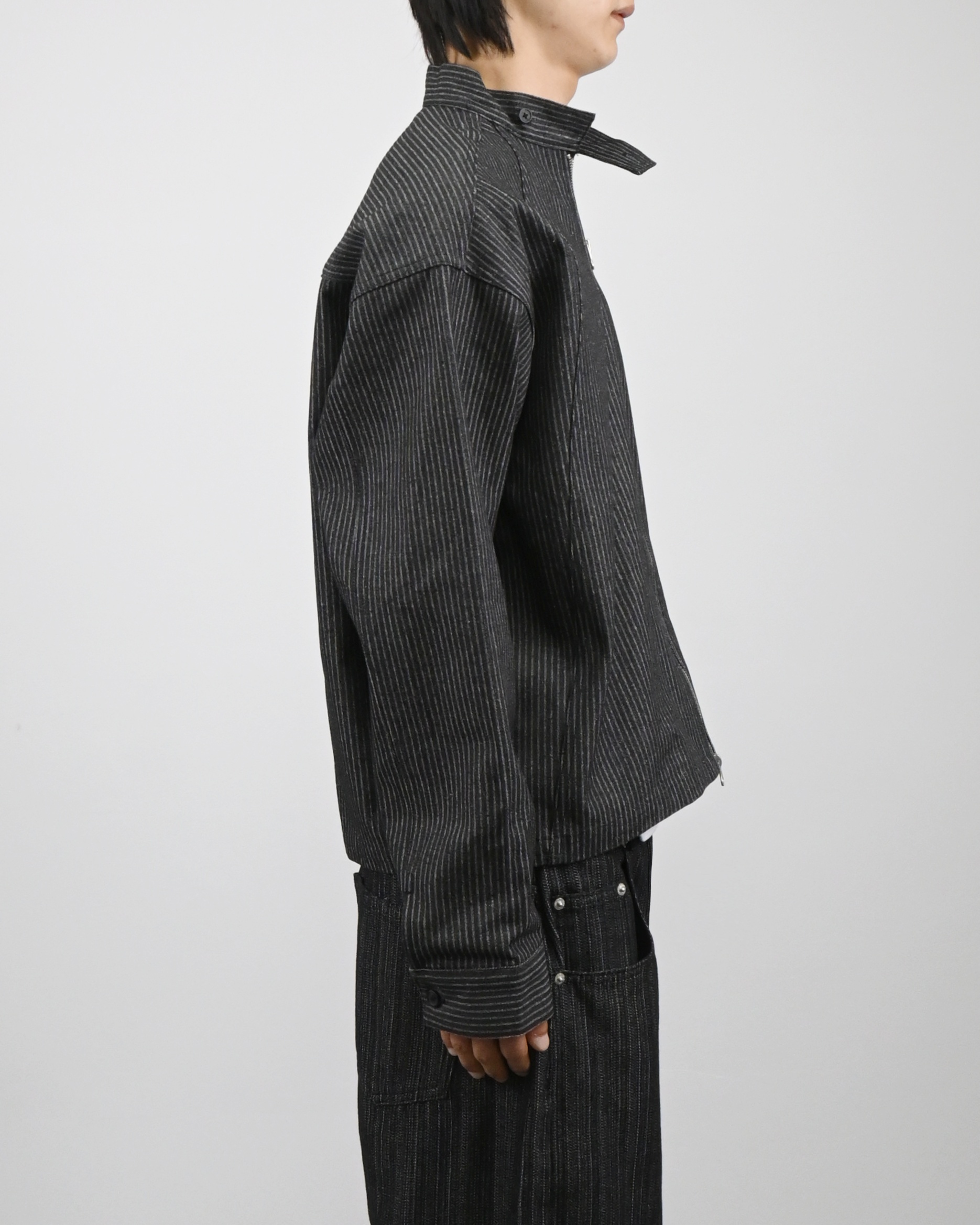 striped china neck denim jacket