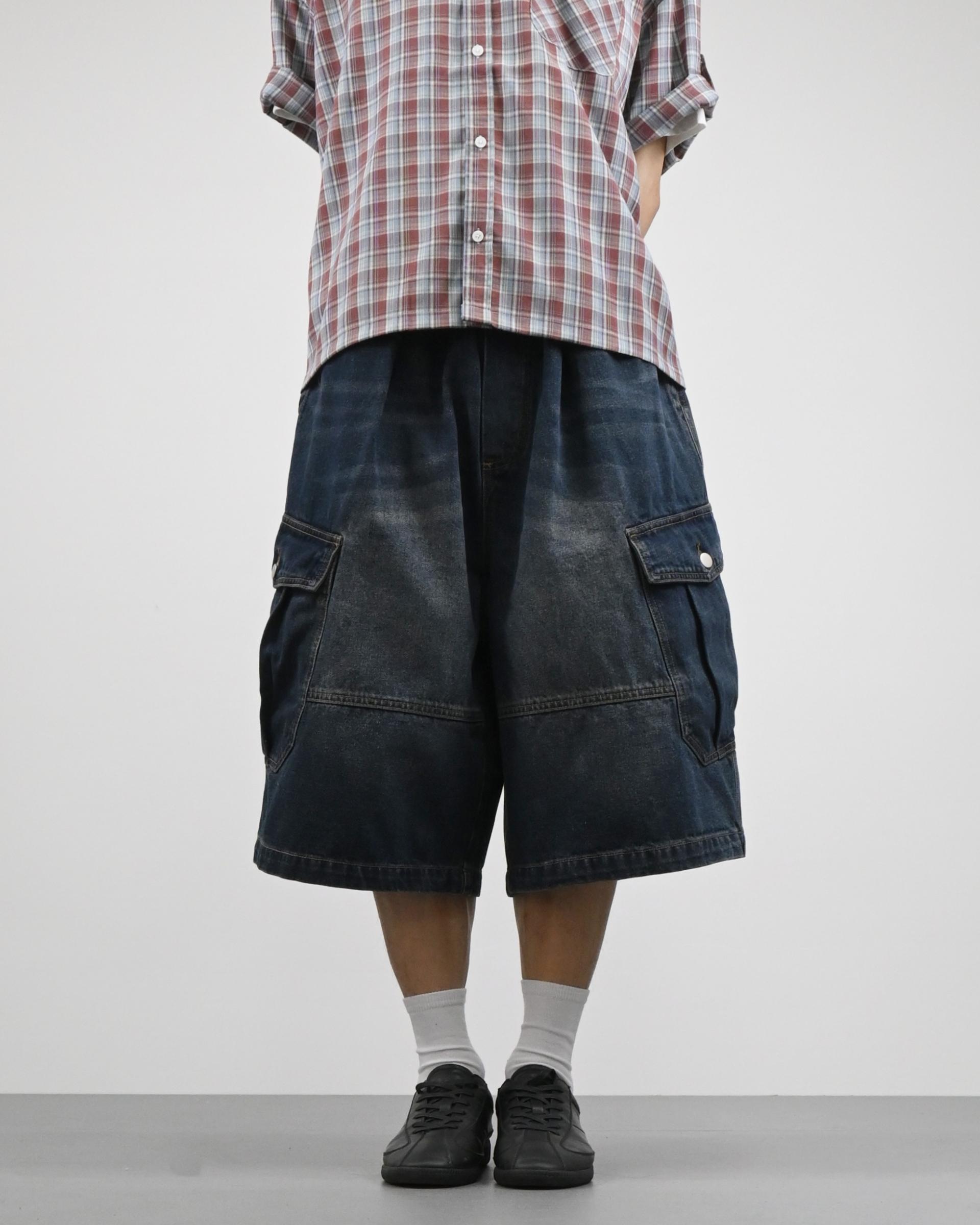 vintage washing cargo bermuda denim pants