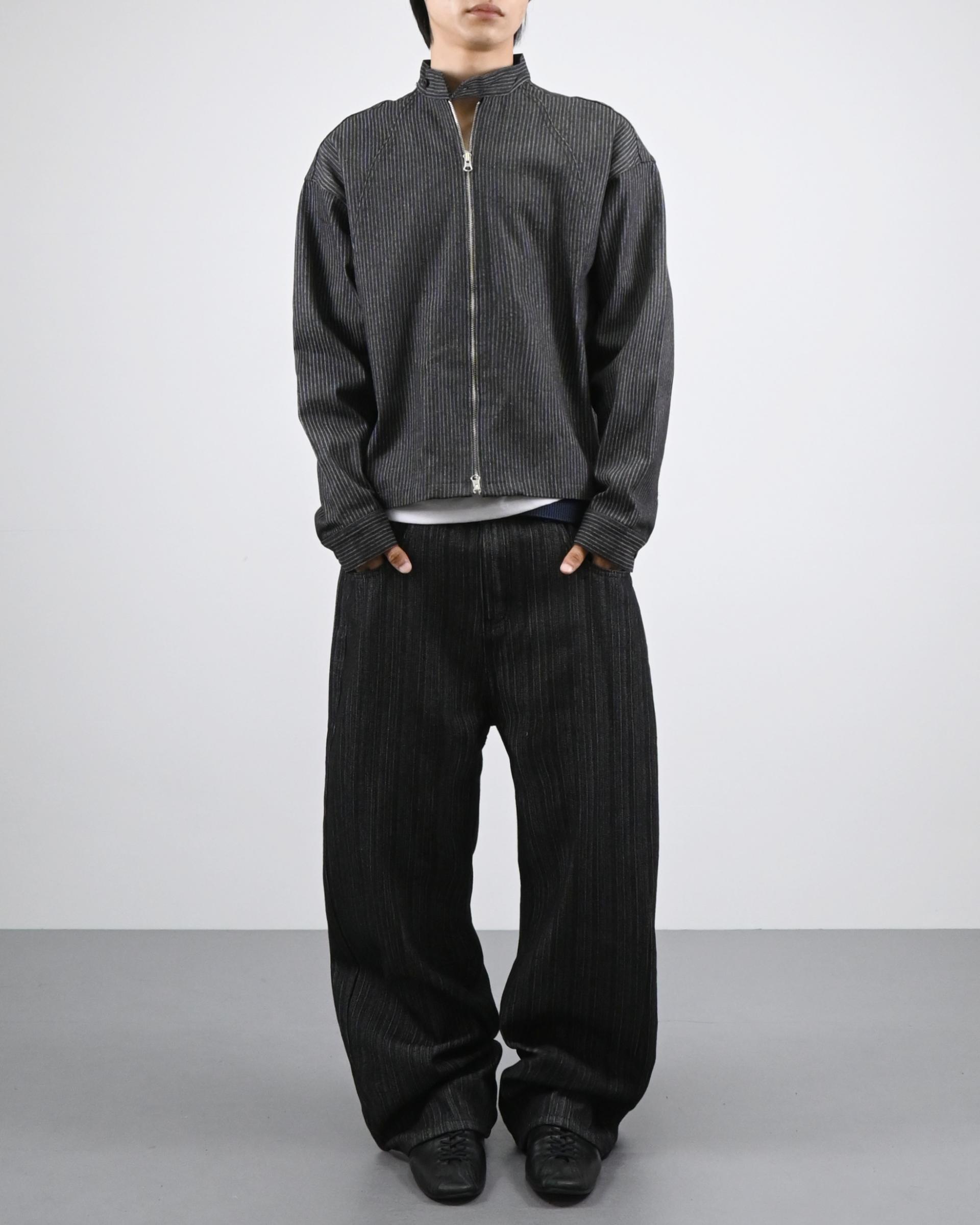striped china neck denim jacket