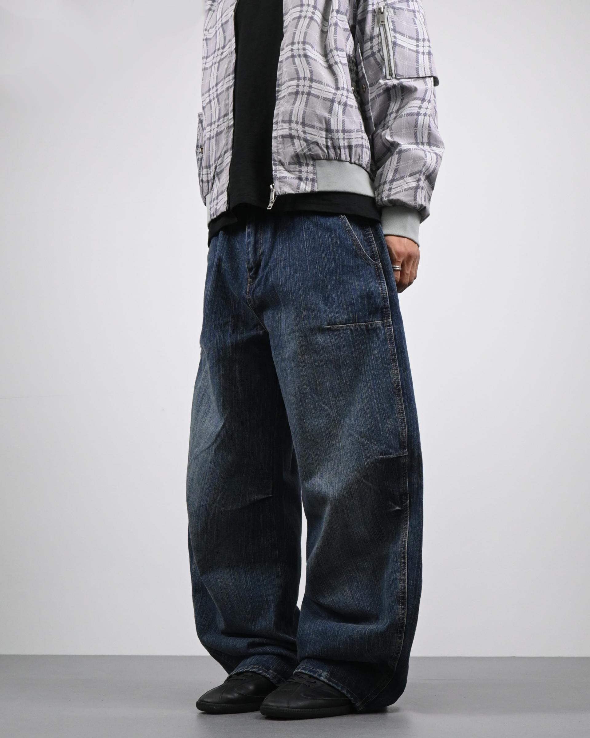 pin slub curved denim pants