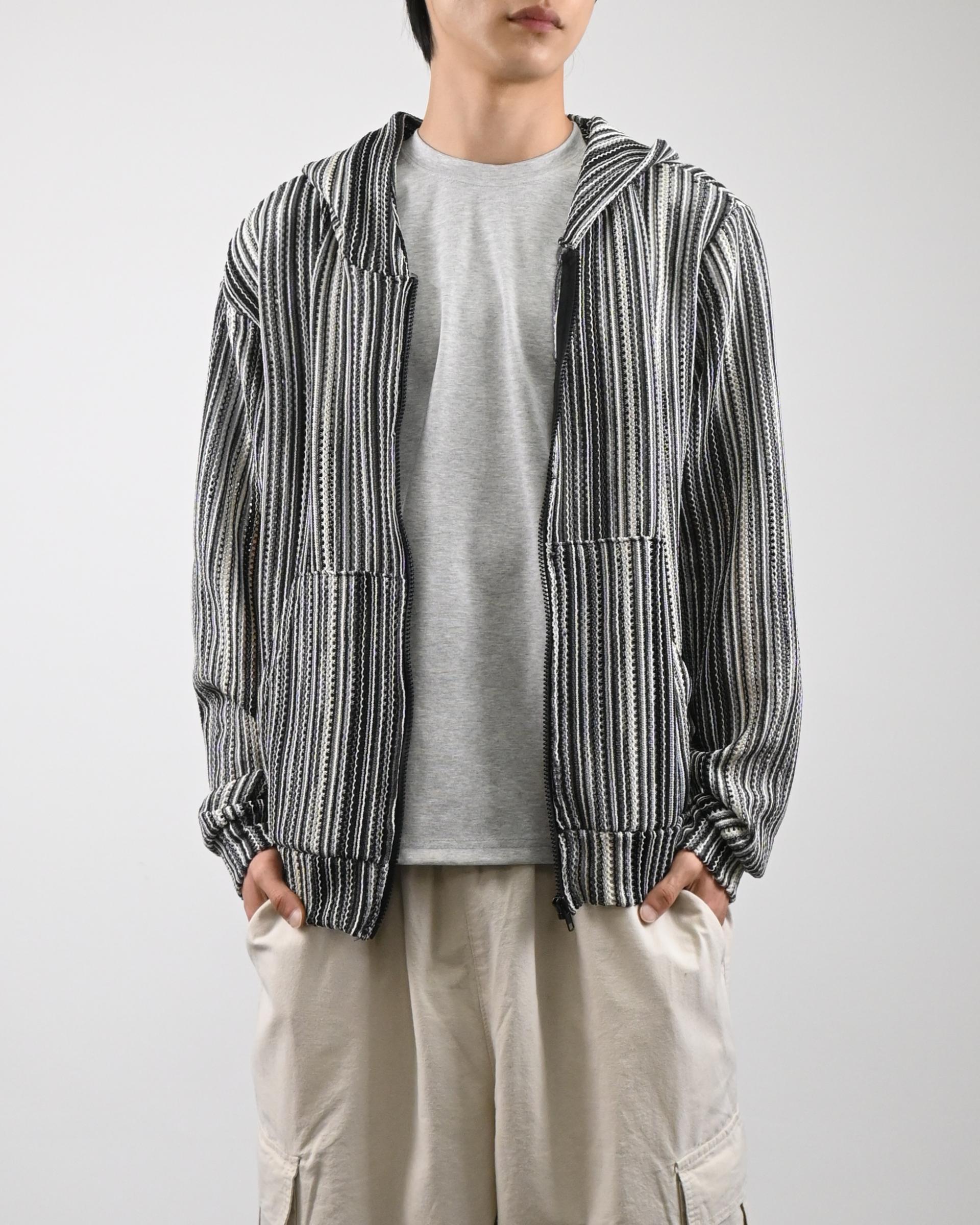 stripe punching hood zip-up