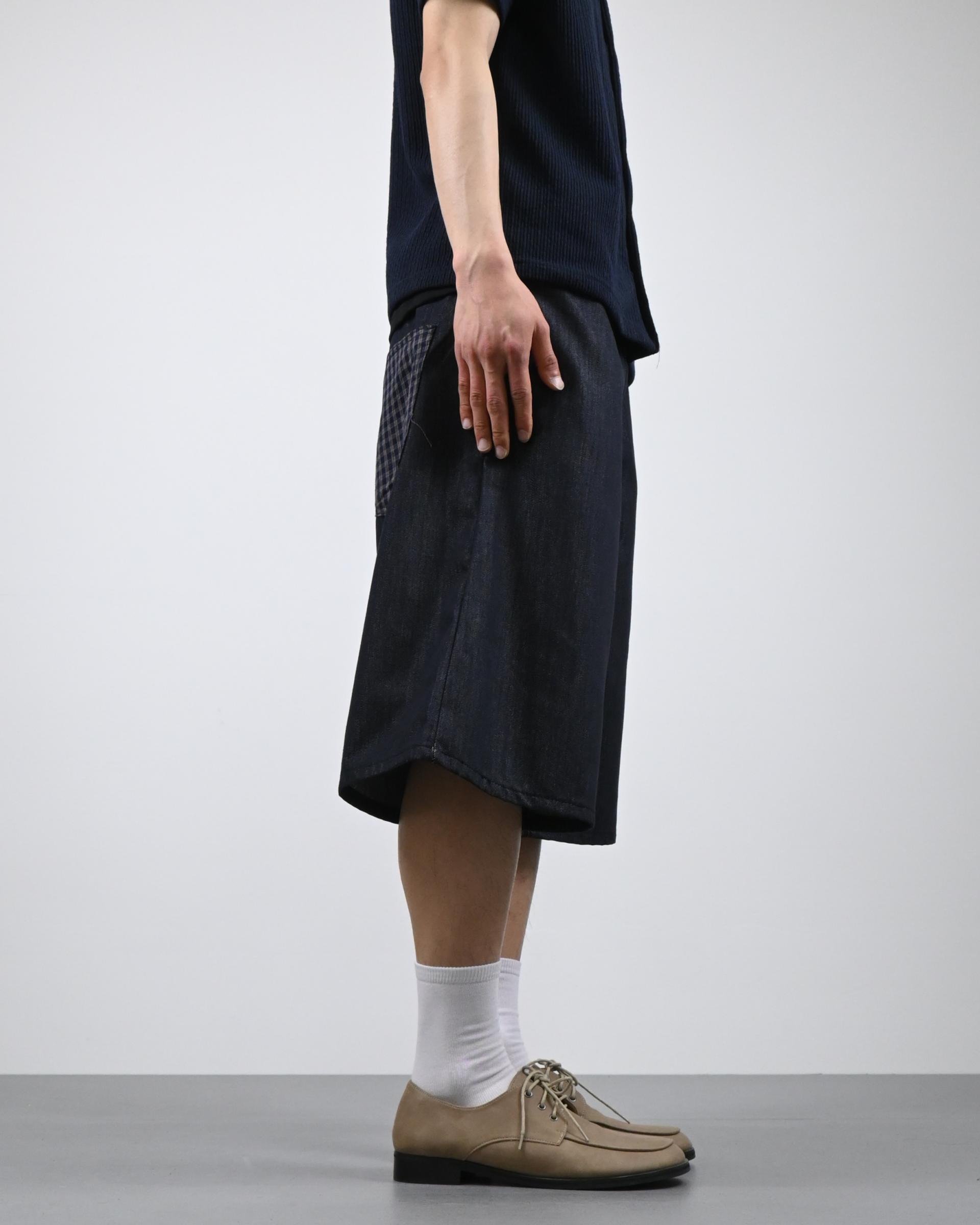 check pocket raw bermuda denim pants